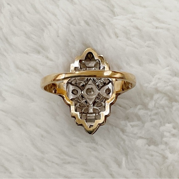 Vintage 14K Solid Gold Filigree Diamond Navette Ring Art Deco Revival Sz 4.75 - Picture 10 of 15